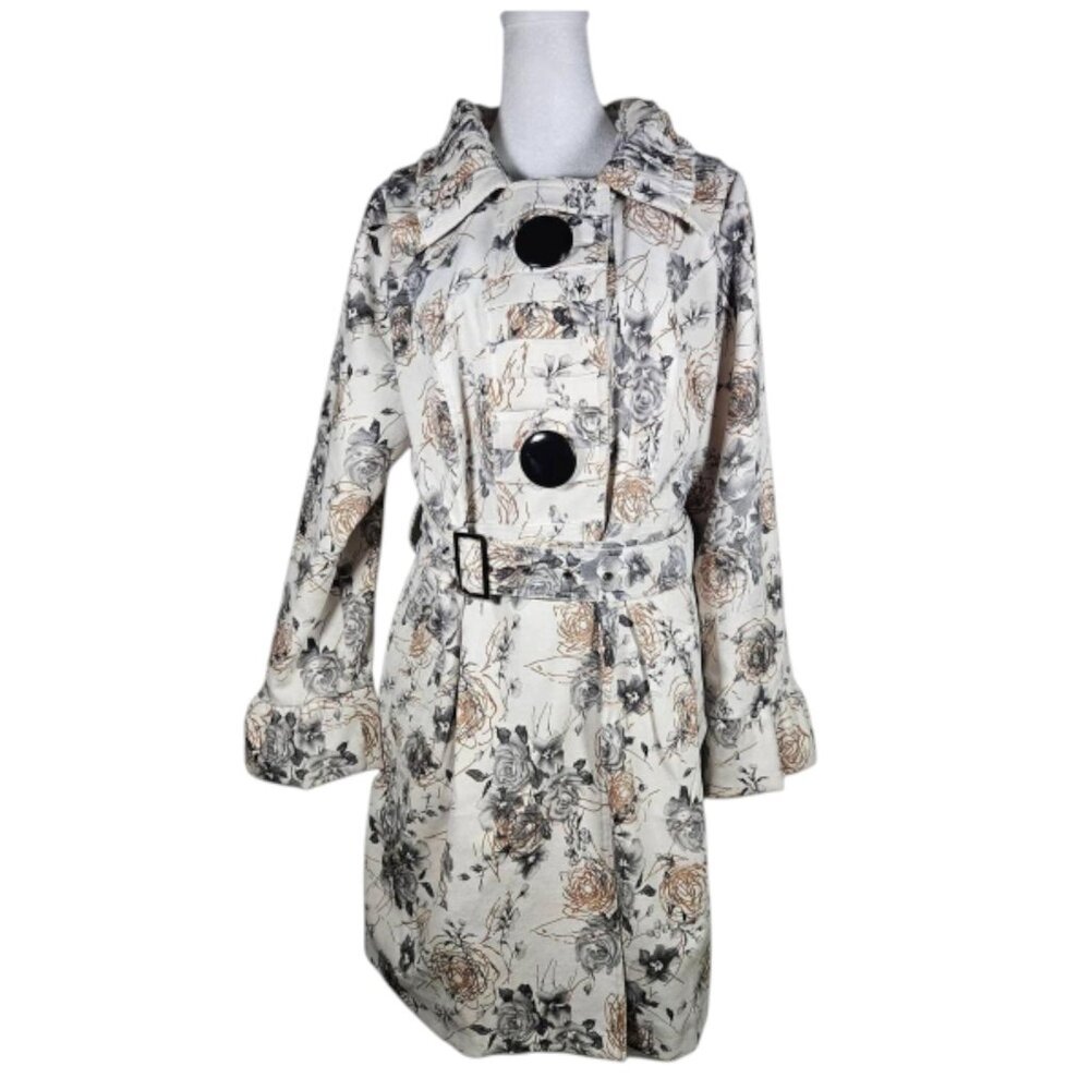 Pura Vida Women's Belted Trench Coat Ruffled Collar Buttons Black & Cream Size 6